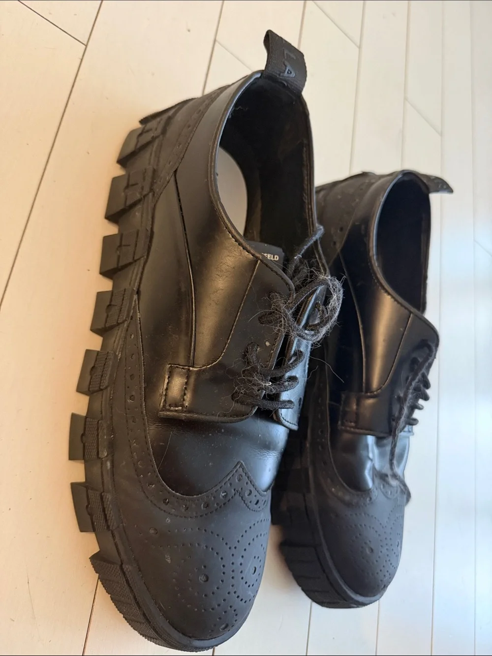 Karl Lagerfeld Black Leather Lug-Sole Brogue Derby Shoes